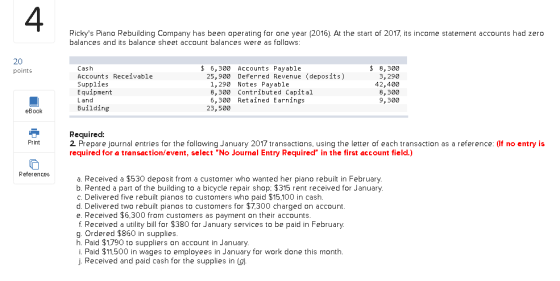 Rickys Piano Rebuilding Company has been operating for one year (2016). At the start of 2017, its income statement accounts