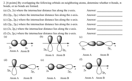 2. [6 points By overlapping the following orbitals on neighboring atoms, determine whether o-bonds, t- bonds, or no bonds are