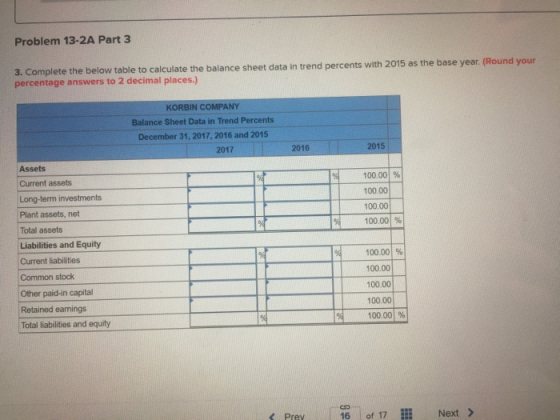 Problem 13-2A Part 3 3. Complete the below table to calculate the balance sheet data in trend percents with 2015 as the base