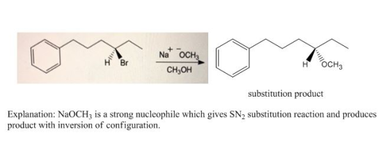 Br Na* OCH Сн,ОН носна substitution product Explanation: NaOCHz is a strong nucleophile which gives SN2 substitution reaction