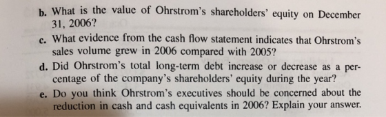 h What is the value of Ohrstroms shareholders equity on December 31, 2006? c. What evidence from the cash flow statement in
