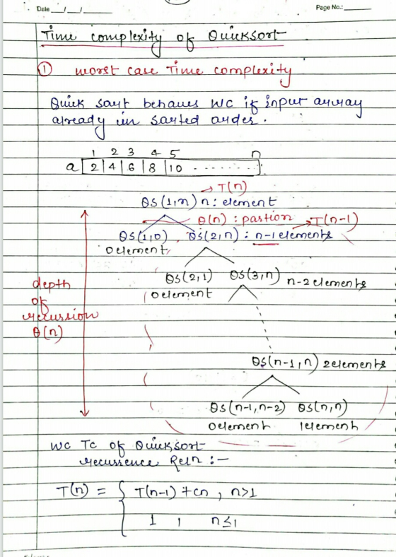 Date Page No.: complexity of Quressort worst cave time complexity Quick saył behaues Wc jf input au chay in sarted auder. alr