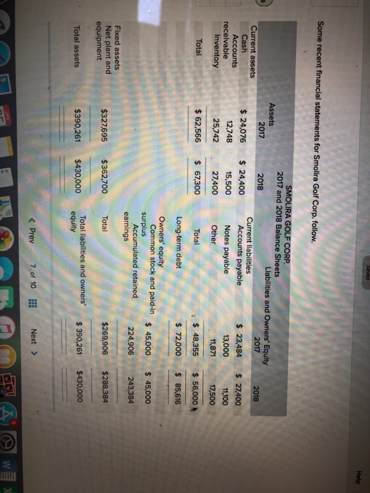 SMOLIRA GOLF CORP 2017 and 2018 Balance Sheets Assets Liabilities and Owners Equity 2017 2018 2017 2018 Current assets Accounts Inventory Total Current liabilities $ 24,076 12,748 25,742 24,400Accounts payable 23,48427400 1,100 17,500 Cash 15,500 27,400 Notes payable Other 13,000 receivable 11,871 48,35556,000 $72,00085,616 $62,566 67,300 Total Long-term debt Owners equity Common stock and paid-in s 45,000 45,000 224,906243,384 Accumulated retained earnings Fixed assets Net plant and equipment $269,906$288,384 $327,695 $362,700 Total $430,000 equity Total liabilities and owners$390,261 $430,000 Total assets < Prev 7,of 10ll Next >