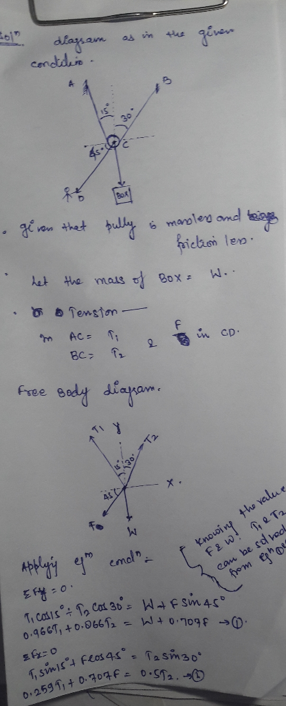 Soin os in the given diagsan conditio. • given that fully is marblers and to Fiction len. het the mass of Box = W.. 8 . Tensi