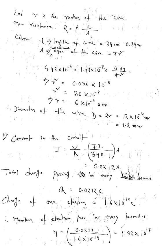 Let r is the radius of the wire. now. Vesistance R= p i А Where al length of wire im 0 0.34m 34 en Cross sectional A => area