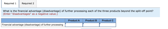 Required 1 Required 2 What is the financial advantage (disadvantage) of further processing each of the three products beyond