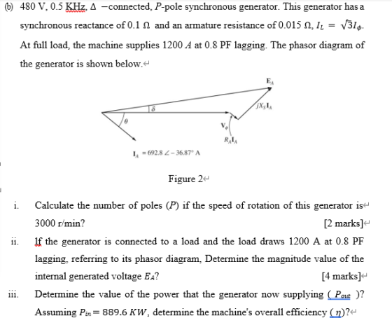 6) 480 V, 0.5 KHz. A -connected. P-pole synchronous generator. This generator has a synchronous reactance of 0.11 and an arma
