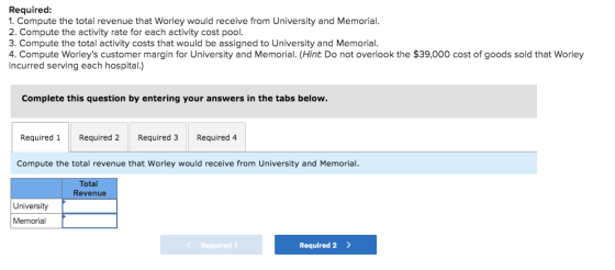 Required: 1. Compute the total revenue that Worley would receive from University and Memorial. 2. Compute the activity rate f