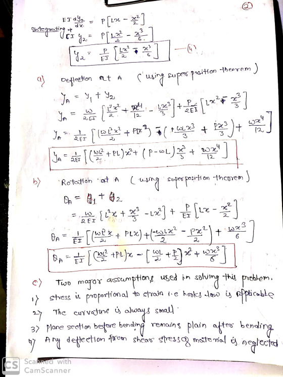ET Y = Pl Integrating sontegroting ga = p [1.22- 6 23 a) Deflection at a rusing supres position theorem) YA = y + y2 you tre