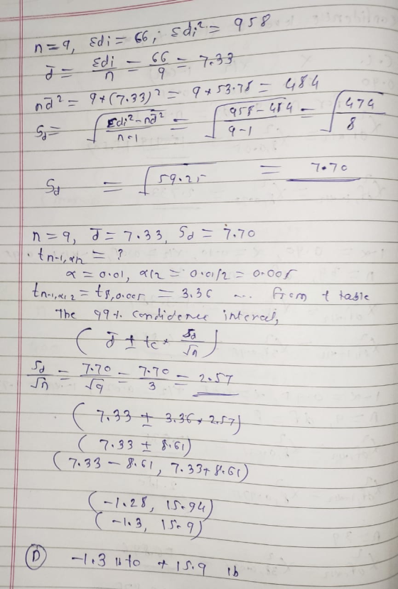 n=9, Edi = 66; &d;2.- 9587 J- Edi - 66 - 7.33 na? = 9+(7.33)2 = 9+53.78 = 484 Sj= G- Edin na? Edi?-na22. ra58-454 / 4 nel = T