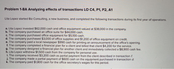 Problem 1-8A Analyzing effects of transactions LO C4, P1, P2, A1 Lita Lopez started Biz Consulting, a new business, and compl