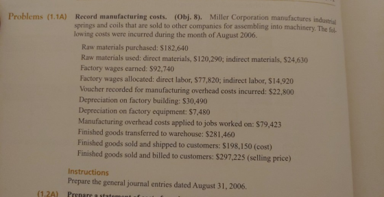 Problems (1.1A) Record manufacturing costs. (Obj. 8). Miller Corporation manufactures industrial springs and coils that are s
