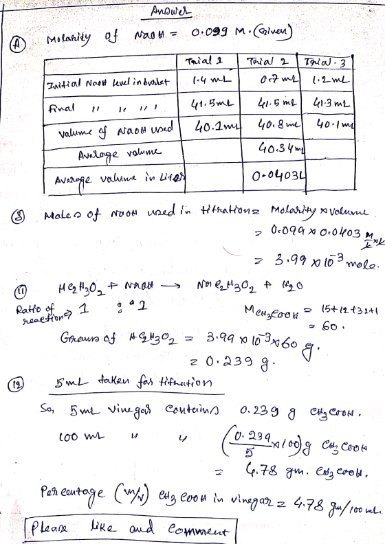 1 Answer Molarity of Não 6. = 0.099 M.Given) Tarial & Trial 2 Initial Noon level in burbet 1-4 mL L Ort me final i no 41.5m2