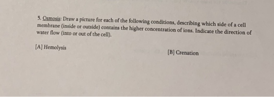 5.Osmosis: Draw a picture for each of the following conditions, describing which side of a cell membrane (inside or outside)