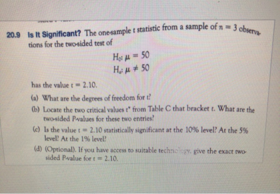 20.9 Is It Significant? The one-sample t statistic from a sample of n = 32 tions for the two-sided test of Ho: u = 50 Huu# 50