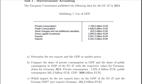 Task 1 - Macroeconomic Accounting The European Commission published the following data for the EU-27 in 2014: Abbildung 1: Use of GDP 7.709,5 billion EUR 2.838,8 billion EUR 202,5 billion EUR 2.605,6 billion EUR 5.801,2 billion EUR 5.452,4 billion EUR Public Consumption Stock changes and net additional valuables Gross capital investment Imports a) Determine the net exports and the GDP at market prices b) Compare the share of private consumption in GDP and the share of public consumption in GDP of the EU-27 with the respective values for Germany. (Data for Germany 2014: Private consumption 1.571,5 billion EUR, public consumption 541,2 billion EUR, GDP: 3006bilon EUR) c) Which impact do the net exports have on the GDP of the EU-27 and the German GDP? (net exports Germany: 163, 2 billion EUR)