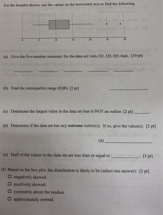 For the boxplot shown, use the values on the horizontal axis to find the following. 10 15 20 25 30 o) Give th ive-number summary fr te das set min 01. 02.03,max 0pl (b) Find the interquartile range (IQR). [2 pt] (c) Determine the largest value in the data set that is NOT an outlier. [2 pt] (d) Determine if the data set has any extreme outlier(s). If so, give the value(s). [2 pt] (e) Half of the values in the data set are less than or equal to . [2 pt] (0 Based on the box plot, the distribution is likely to be (select one answer): [2 pt] negatively skewed. positively skewed. symmetric about the median. approximately normal.