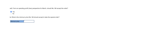 a-2. From an operating profit (loss) perspective for March, should Ms. Nili accept the order? O Yes O No b. What is the minim