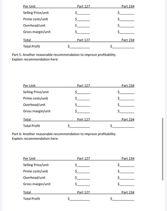 Per Unit Part 127 Part 234 Selling Price/unit $4 $. Prime costs/unit %24 $4 Overhead/unit Gross margin/unit $4 Part 234 Total