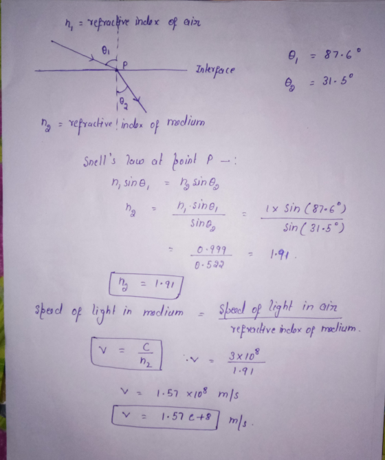 h = refractive index of air OL 0,= 87.6° Interface Oa = 31-5° ey refractive ! index of medium Snells law at point p - n, sin