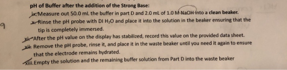 pH of Buffer after the addition of the Strong Base: ix. Measure out 50.0 ml the buffer in part D and 2.0 mL of 1.0 M NaOH int