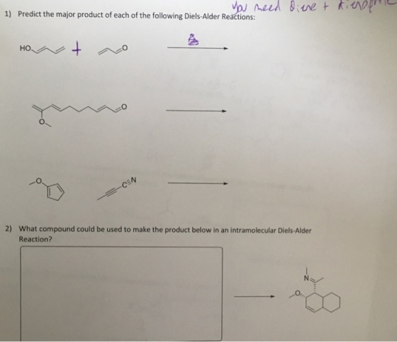 1) Predict the major product of each of the following Diels-Alder Reactions 2) What compound could be used to make the product below in an intramolecular Diels-Alder Reaction? O,