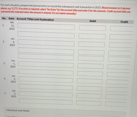 For each situation, prepare the journal entry to record the subsequent cash transaction in 2023. (Round answers to decimal pl