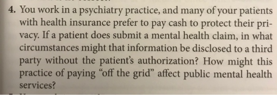 4. You work in a psychiatry practice, and many of your patients with health insurance prefer to pay cash to protect their pri