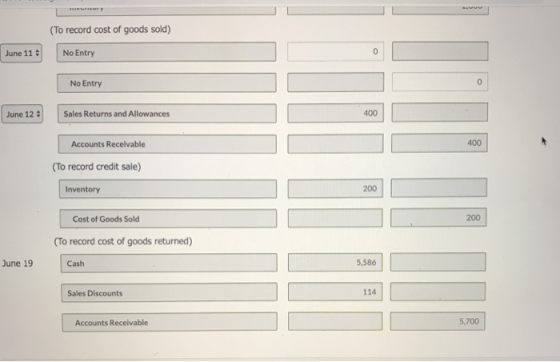 To record cost of goods sold) June 11: | | No Entry 0 No Entry June 12 + Sales Returns and Allowances 400 Accounts Receivable 400 (To record credit sale) Inventory 200 Cost of Goods Sold 200 To record cost of goods returned) June 19 Ch 5,586 Sales Discounts 114 Accounts Receivable 5,700
