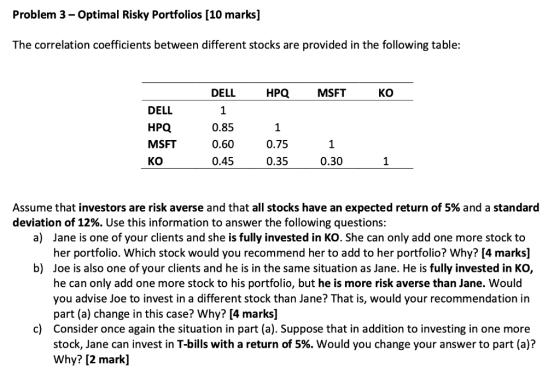 Problem 3 - Optimal Risky Portfolios (10 marks] The correlation coefficients between different stocks are provided in the fol