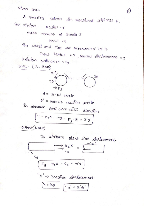 Given that À Steering column with tolal-onal stiffness k. The pinion Radius ry mass moment of inertia I MOSS m The wheel and
