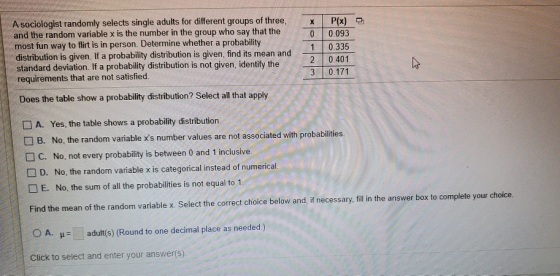 A sociologist randomly selects single adults for different groups of three, and the random variable x is the number in the gr