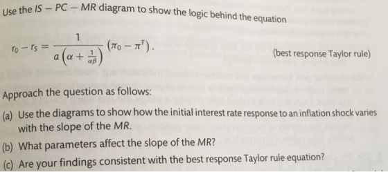 PC -MR diagram to show the logic behind the equation (best response Taylor rule) Approach the question as follows: (a) Use the diagrams to show how the initial interest rate response to an inflation shock varies with the slope of the MR. (b) What parameters affect the slope of the MR? (c) Are your findings consistent with the best response Taylor rule equation?