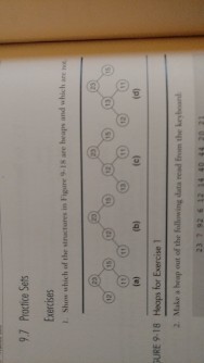 9,7 Pro lice Sets Exercises Show which of the structures in Figure IR are heaps and which are URE 9-18 Heaps for Exercise 1 2. Make a heap out of the following data read the keyboard 23 7 92 6 12 14 40 44 20 m