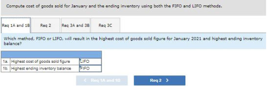 Compute cost of goods sold for January and the ending inventory using both the FIFO and LIFO methods. Req 1A and 1B Reg 2 Reg