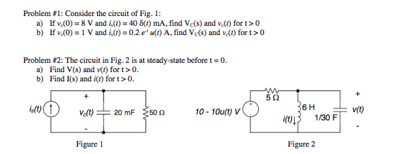 Problem # 1: Consider the circuit of Fig. 1: a) If vc(0) 8 V and i,(t) 40 S(t) mA, find Vc(s) and vc(t) fort>0 b) If ve(0) 1 V and ) 0.2 e u(t) A, find Vc(s) and v(t) fort>0 Problem #2: The circuit in Fig. 2 is at steady-state before t-0. a) Find V(s) and v(t) for t>0 b) Find I(s) and i(t) for t>0 5 S2 10 - 10u(t) V 6 H v(t) i(t). 130 F Figure 1 Figure 2