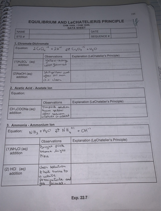 EQUILIBRIUM AND LECHATELIERIS PRINCIPLE CHM 1045L / CHM 1046 DATA SHEET NAME STD # SEQUENCE # 1. Chromate-Dichromate Equation