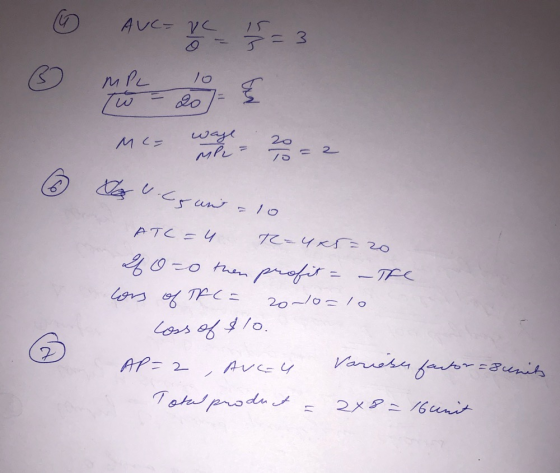 Ave- re _ 18 = 3 Vos u. Cs und = 10 ATC = 4 T=uk5=20 Lo=0 then profit = - Tre lors of TFC = 2000=10 Coss of $10. AP=2 , Aucu