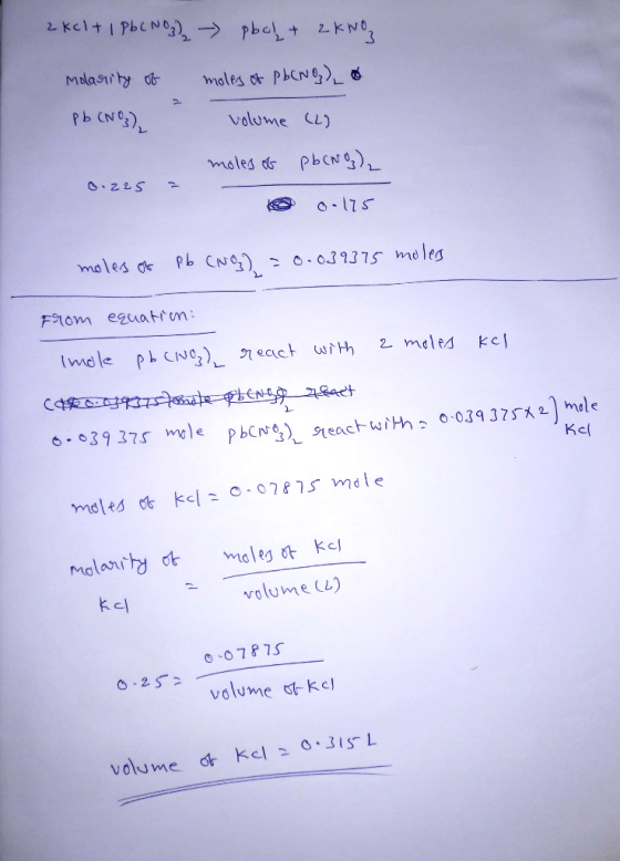 2 Kelt I PbeNo pbe kNos Mdlasnity db moles o PbCN volume ) moles ds PbCN) 22S o17 moles d Pb 0.039375 meles F1om eguatt on 2