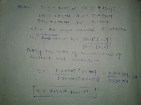 Given- [H2] since the cbove quationis balanced lort, 0.04 to M 亡02 Putting the valite com cautrations 0 eactant and ldletcts