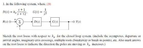 1. n the following system, where, 120 S1 D(s) kp 1 G(s) S 12 s2 D(s) R(s) O G(s) o Y(s) Skelch the rool locus with respcct lo