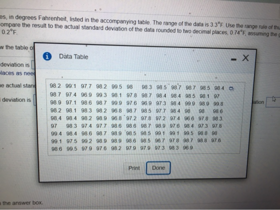 s, in degrees Fahrenheit, listed in the accompanying table. The range of the data is 3.3°F Use the range rule of the ompare t
