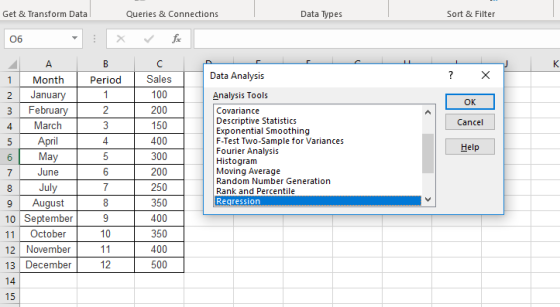 Get & Transform Data Queries & Connections Data Types Sort & Filter Об Data Analysis Sales 100 200 150 400 300 200 250 350 40