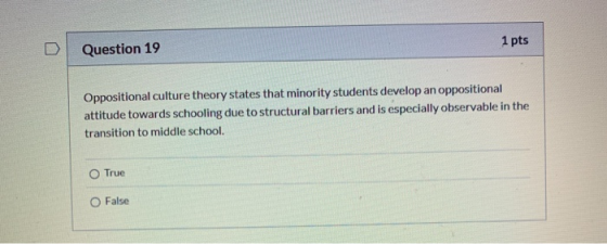 Question 19 1 pts Oppositional culture theory states that minority students develop an oppositional attitude towards schoolin