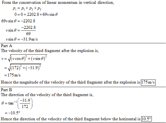 From the conservation of linear momentum in vertical direction, 0-0 2202.8 69vsin θ 69vsin θ--2202.8 -2202.8 69 vsin θ_-31.9m