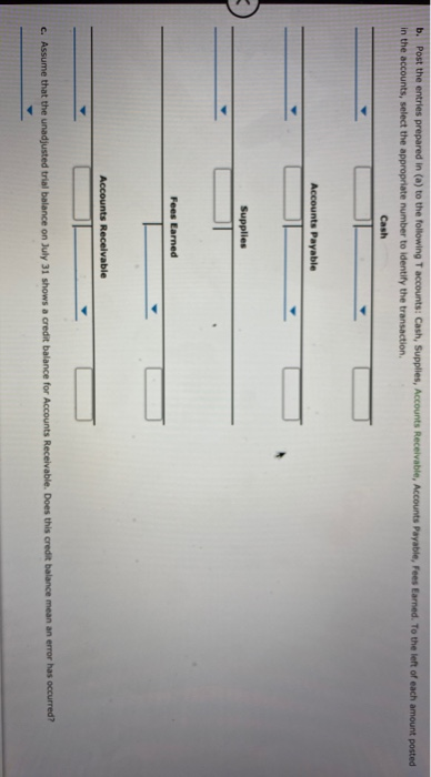 b. Post the entries prepared in (a) to the following T accounts: Cash, Supplies, Accounts Receivable, Accounts Payable, Fees