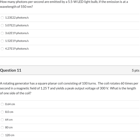 How many photons per second are emitted by a 5.5-W LED light bulb, if the emission is at a wavelength of 550 nm? 1.23E22 phot