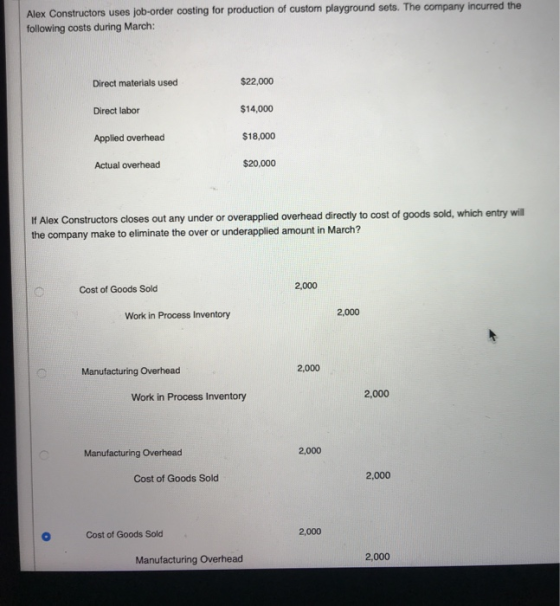 Alex Constructors uses job-order costing for production of custom playground sets. The company incurred the following costs d