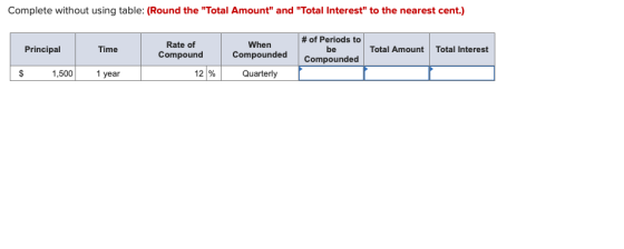 Complete without using table: (Round the Total Amount and Total Interest to the nearest cent.) # of Periods to Principal