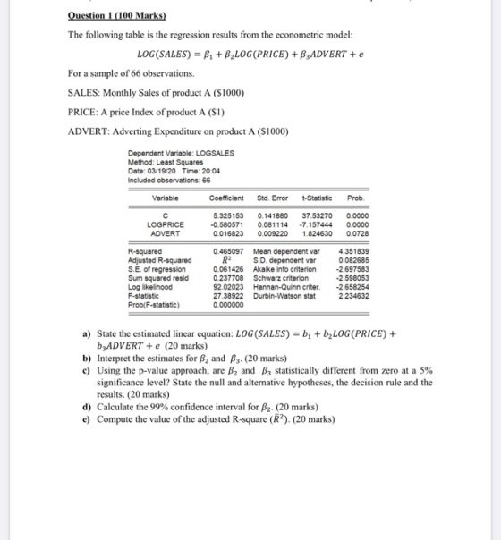 Question 1 (100 Marks) The following table is the regression results from the econometric model: LOG(SALES) = B. + B2LOG (PRI